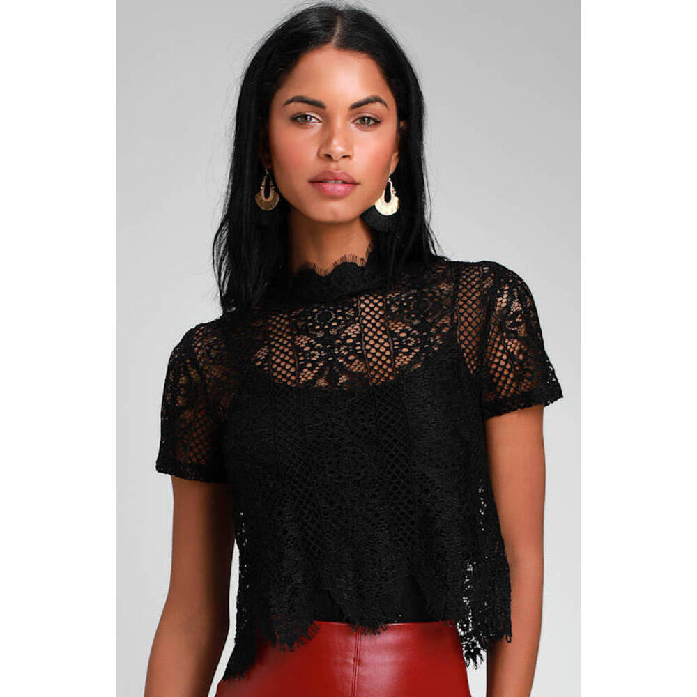Lulus Julieta Black Sheer Lace Crop Top - Size L